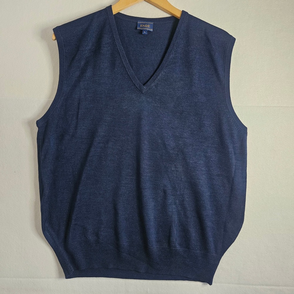 Ende Mens Navy Blue 100% Silk V-Neck Knit Sweater Vest Large Quiet Luxury